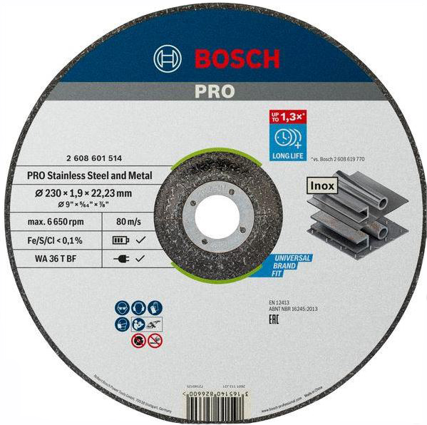 Відрізний диск Bosch PRO Stainless Steel and Metal, 230 x 1.9 x 22.23 mm (2 608 601 514)